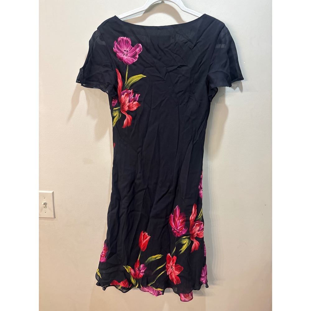 Donna Ricco Black Floral Tulip Print V-Neck Flutter Sleeve Midi Dress Size 10 - Picture 2 of 6